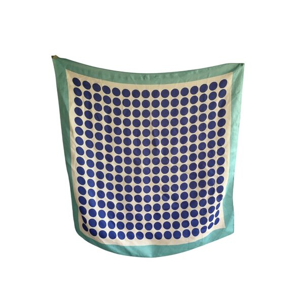 Vintage Polka Dot Silk Scarf With Blue & White Design And Light Aqua Border - Picture 1 of 4